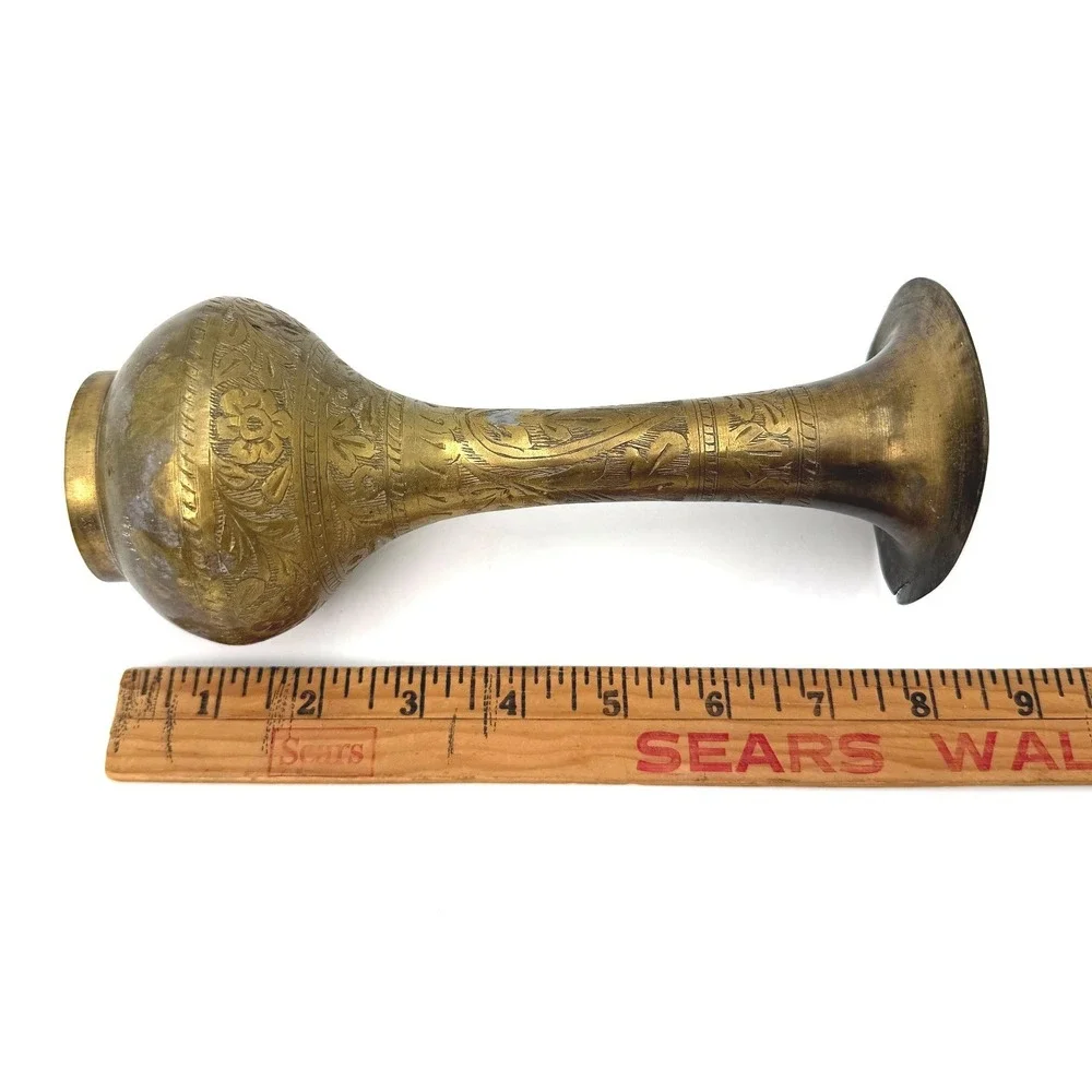 Vintage Etched Brass Bud Vase Floral Hand Engraved Gold Tone 8.5‎ Inch India